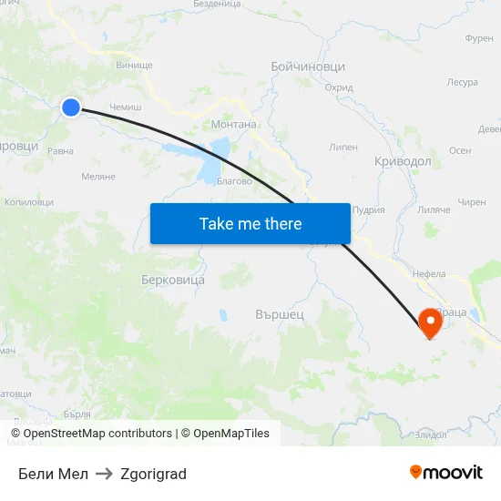 Beli Mel to Zgorigrad map