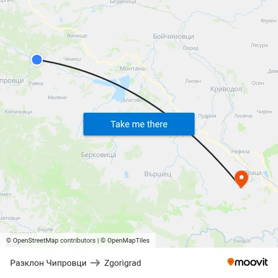 Chiprovtsi Junction to Zgorigrad map