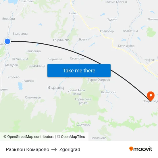 Komarevo Junction to Zgorigrad map