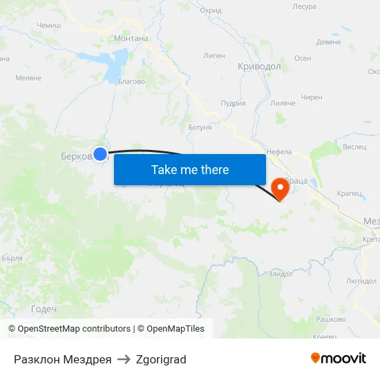 Mezdreya Junction to Zgorigrad map