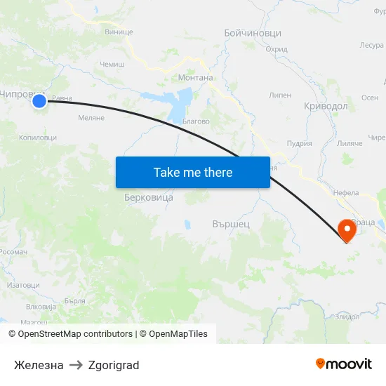 Zhelezna to Zgorigrad map