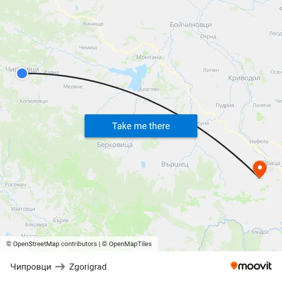 Chiprovtsi to Zgorigrad map