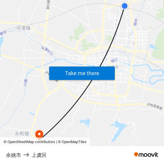 余姚市 to 上虞区 map