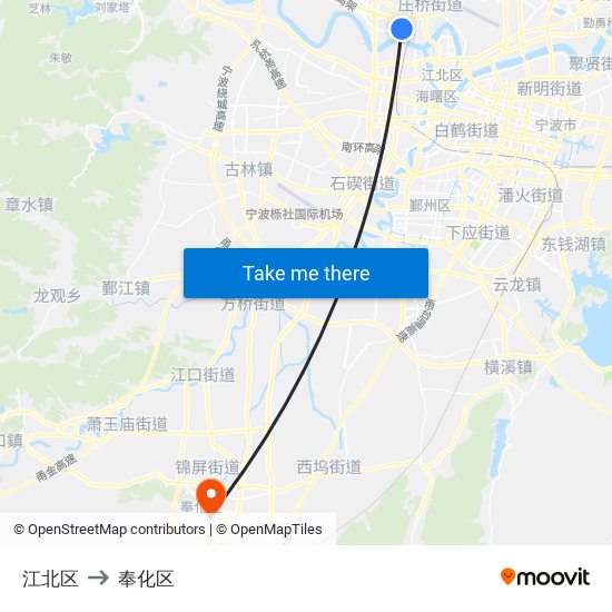 江北区 to 奉化区 map