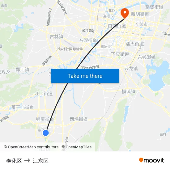 奉化区 to 江东区 map