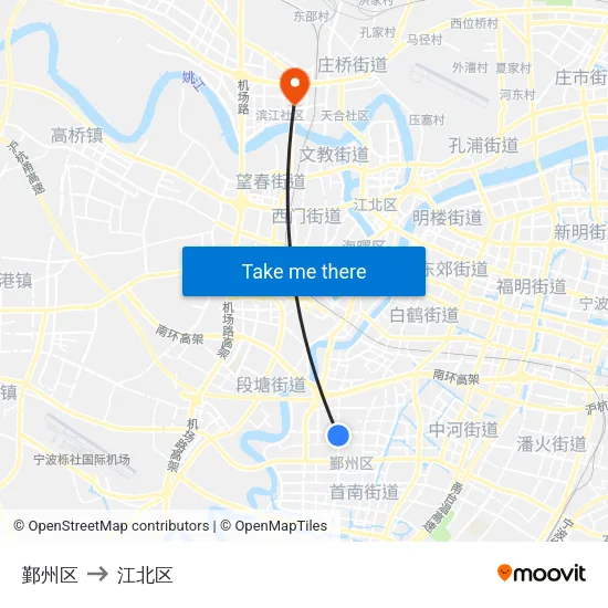 鄞州区 to 江北区 map