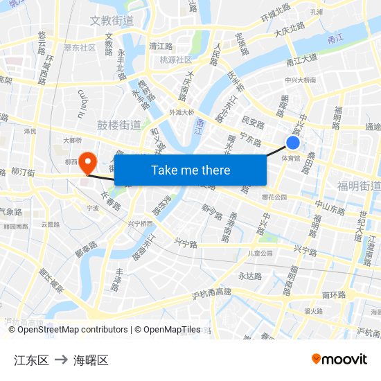江东区 to 海曙区 map
