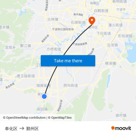 奉化区 to 鄞州区 map