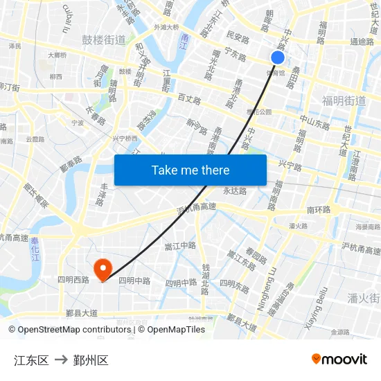 江东区 to 鄞州区 map