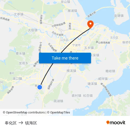 奉化区 to 镇海区 map