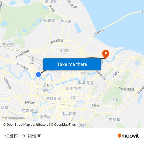 江北区 to 镇海区 map