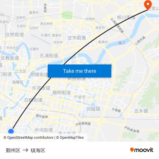 鄞州区 to 镇海区 map