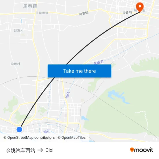 Yuyao West Bus Station to Cixi map