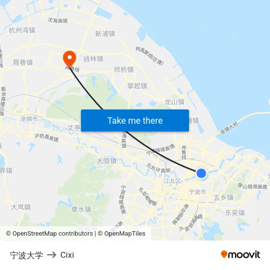 Ningbo University to Cixi map