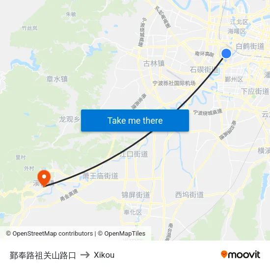 Yinfeng Road-Zuguan Mountain Intersection to Xikou map
