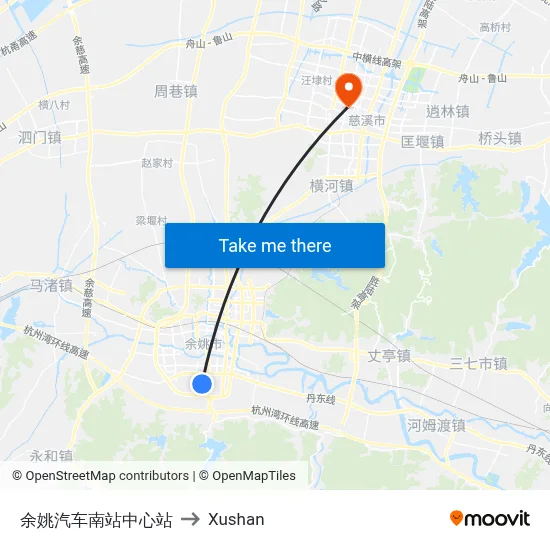 Yuyao South Bus Terminal Central Station to Xushan map
