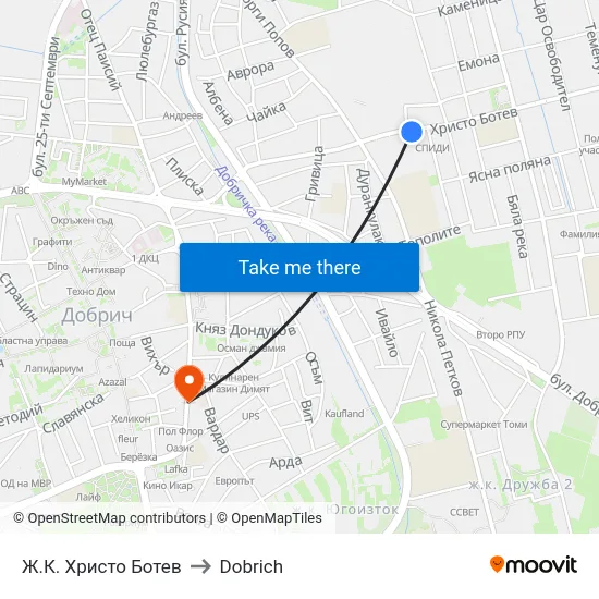 Ж.К. Христо Ботев to Dobrich map