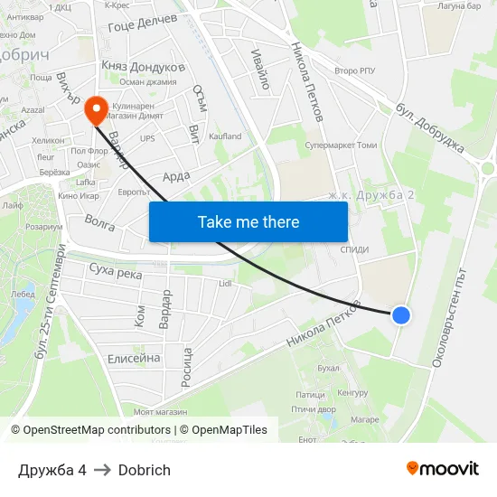 Дружба 4 to Dobrich map