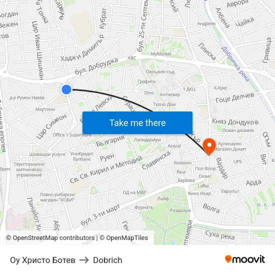 Оу Христо Ботев to Dobrich map