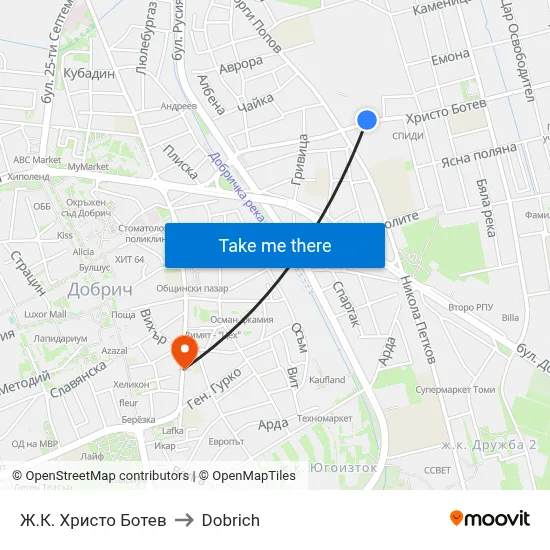 Ж.К. Христо Ботев to Dobrich map