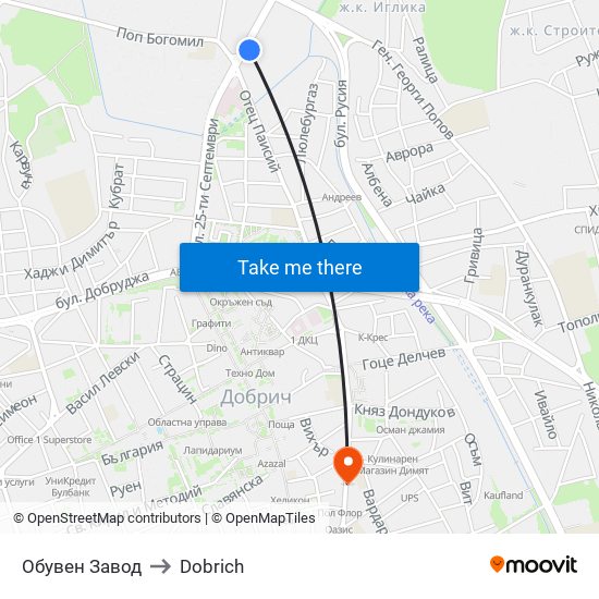 Обувен Завод to Dobrich map