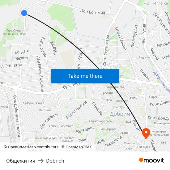 Общежития to Dobrich map