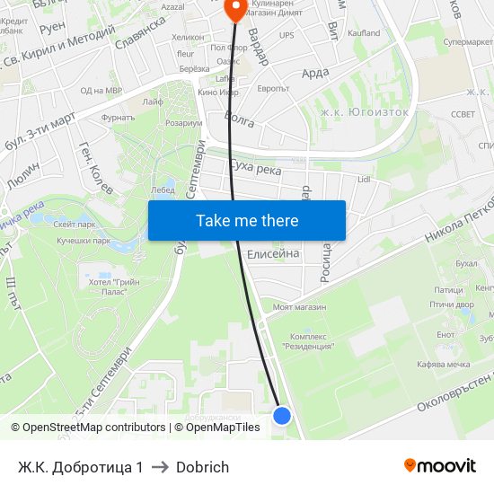 Ж.К. Добротица 1 to Dobrich map