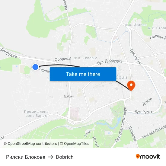 Рилски Блокове to Dobrich map