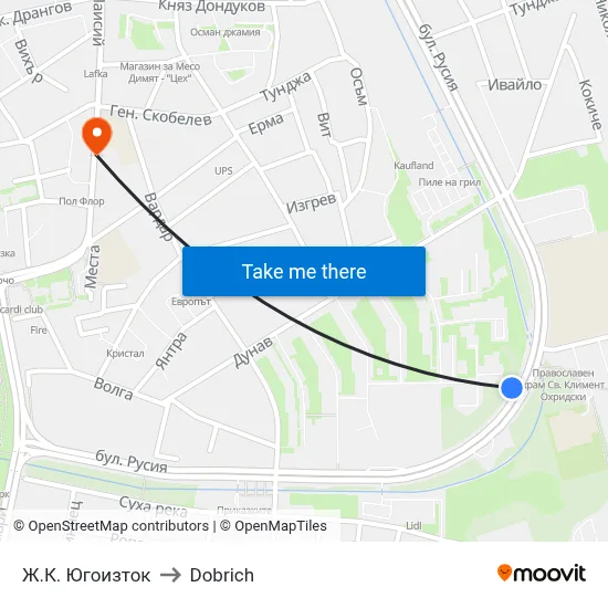 Ж.К. Югоизток to Dobrich map