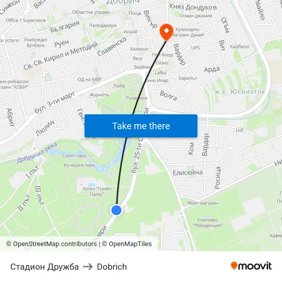 Druzhba Stadium to Dobrich map