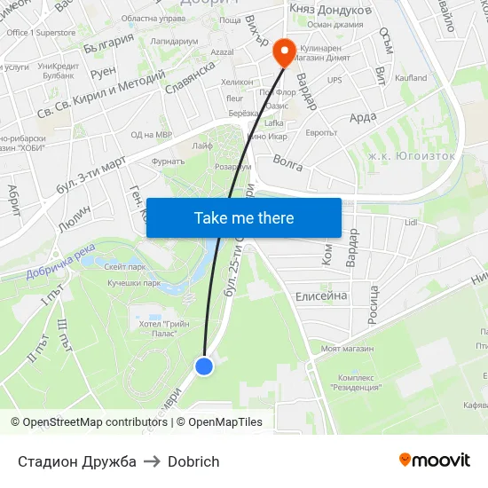 Druzhba Stadium to Dobrich map