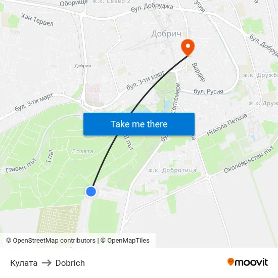 Kulata to Dobrich map
