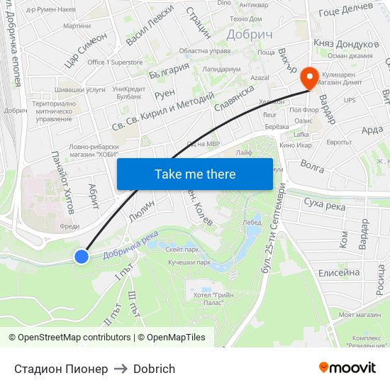 Стадион Пионер to Dobrich map