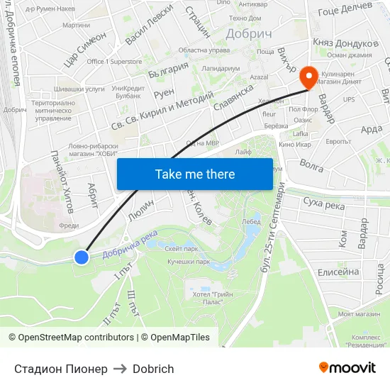 Стадион Пионер to Dobrich map