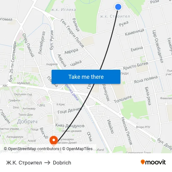 Ж.К. Строител to Dobrich map