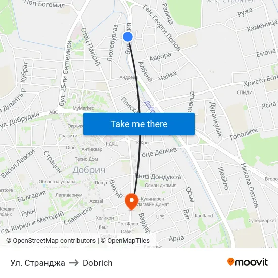 Strandzha Street to Dobrich map