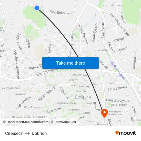 Свежест to Dobrich map