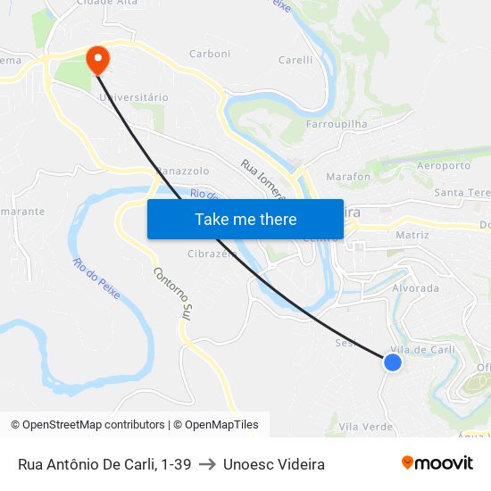 Rua Antônio De Carli, 1-39 to Unoesc Videira map