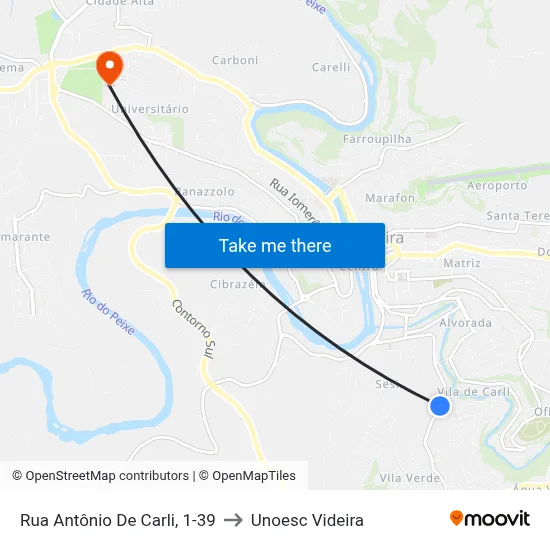 Rua Antônio De Carli, 1-39 to Unoesc Videira map