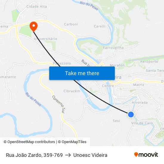 Rua João Zardo, 359-769 to Unoesc Videira map