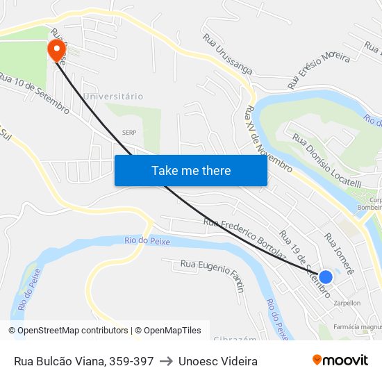 Rua Bulcão Viana, 359-397 to Unoesc Videira map