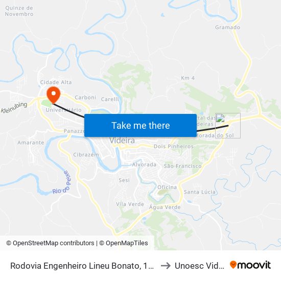 Rodovia Engenheiro Lineu Bonato, 118-330 to Unoesc Videira map
