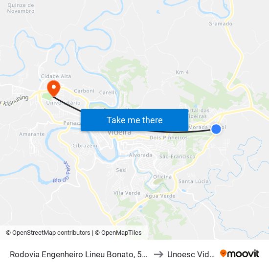 Rodovia Engenheiro Lineu Bonato, 590-624 to Unoesc Videira map