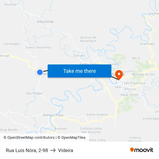 Rua Luís Nóra, 2-98 to Videira map