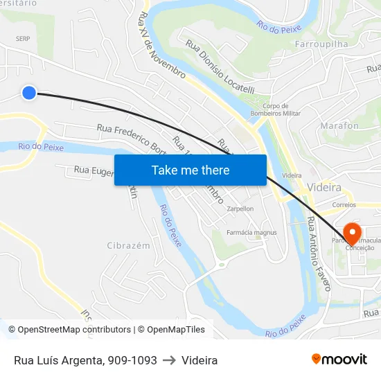 Rua Luís Argenta, 909-1093 to Videira map