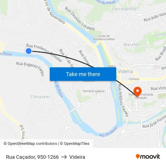 Rua Caçador, 950-1266 to Videira map