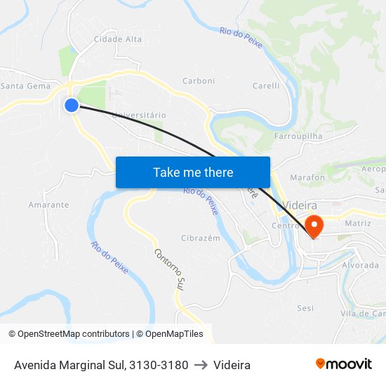 Avenida Marginal Sul, 3130-3180 to Videira map