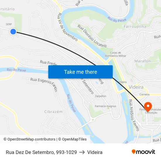 Rua Dez De Setembro, 993-1029 to Videira map