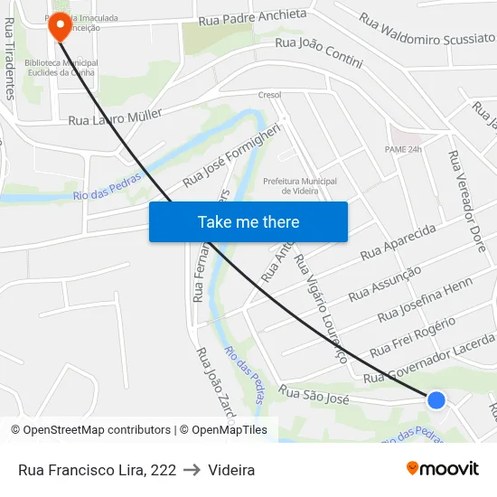 Rua Francisco Lira, 222 to Videira map