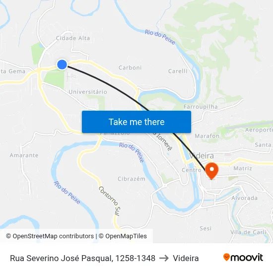 Rua Severino José Pasqual, 1258-1348 to Videira map